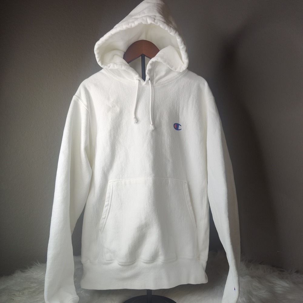 Champion Reverse Weave Hoodie Mens Small White Pullover Embroidered Logo Fleece
